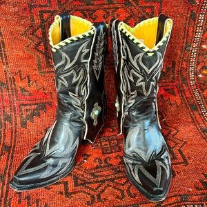 Liberty Boot Co. Handmade Ladies Black Boot with Metallic Silver Stitching.